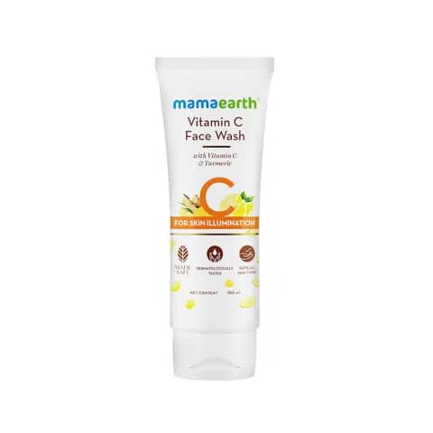Mamaearth Vitamin C Face Wash 100ml bottle, vibrant orange, visible label, white pump dispenser.