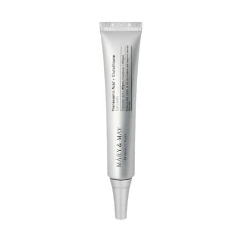 Mary&May Tranexamic Acid + Glutathione Eye Cream, a white tube with shiny gold cap, displayed upright.