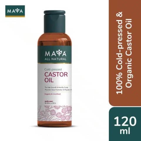 Maya 120ml cold-pressed castor oil in a clear glass bottle with green cap and natural label.