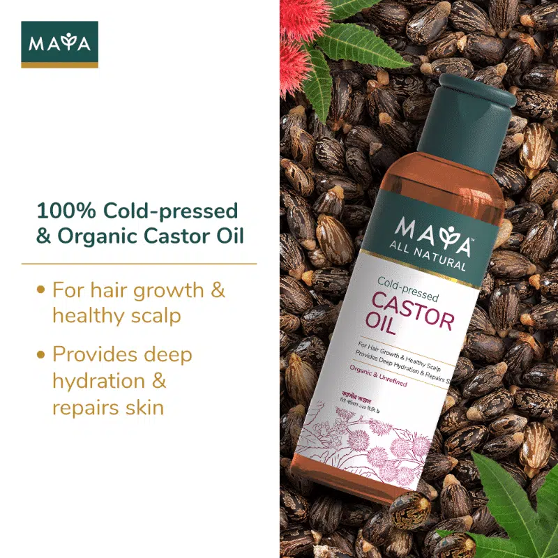 Angled view of Maya cold-pressed castor oil bottle, highlighting natural ingredients and label details. - thumbnail