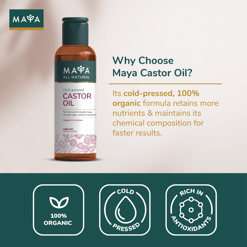 Maya cold-pressed castor oil bottle's back label with detailed product information and directions. - thumbnail