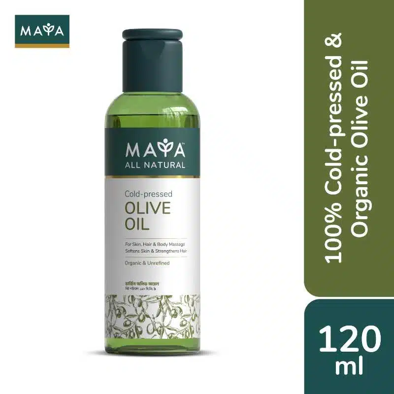Maya All Natural Cold-pressed Olive Oil 120ml in its transparent bottle with white and green label, front view. - thumbnail