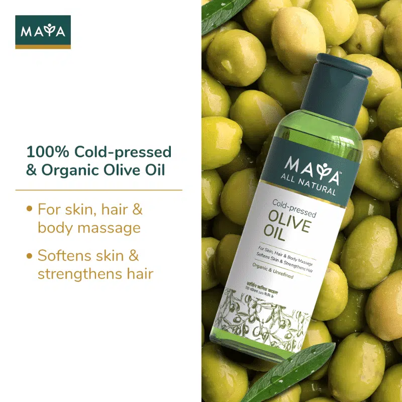 Maya All Natural Cold-pressed Olive Oil bottle positioned against a vibrant golden yellow oil splash graphic. - thumbnail