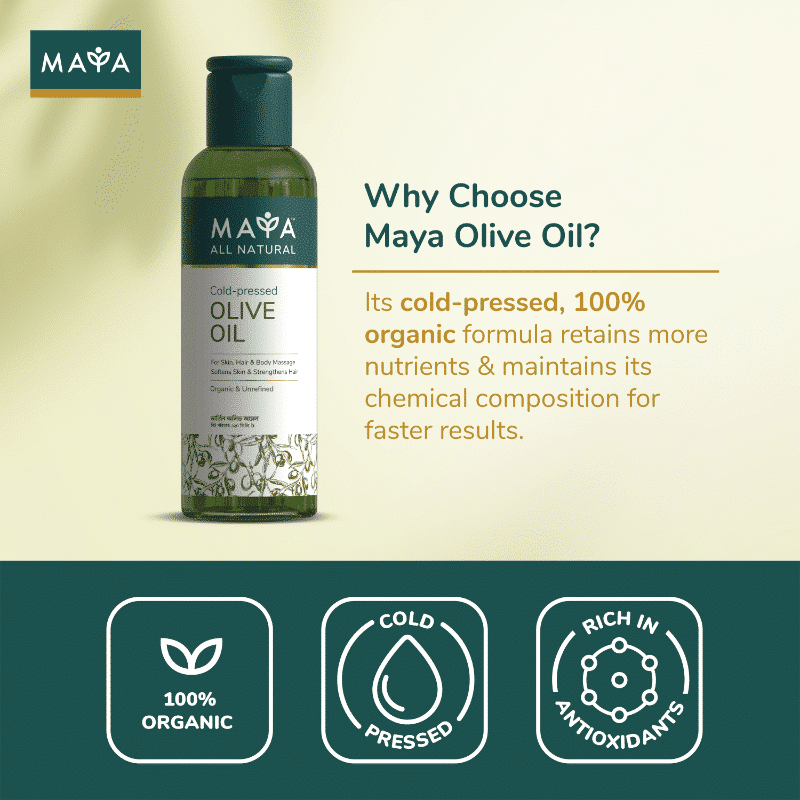 Close-up view of the Maya All Natural Cold-pressed Olive Oil bottle label, highlighting "100% PURE" text. - thumbnail