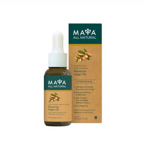 Maya All Natural Moroccan Argan Oil 30ml, clear glass bottle with gold dropper, front view.