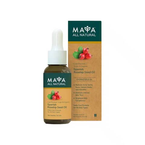 Maya All Natural Spanish Rosehip Seed Oil 30ml in a clear glass dropper bottle, front view.