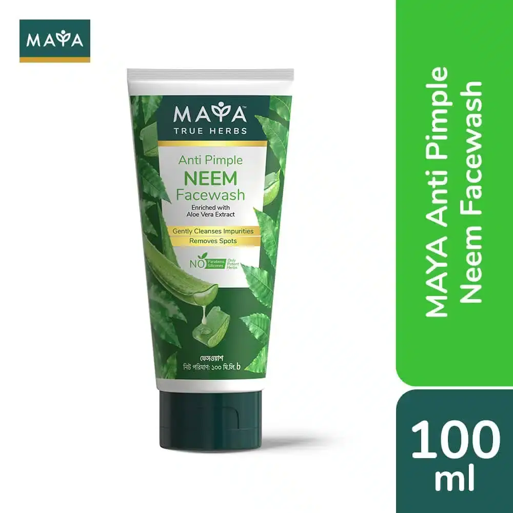 Maya Anti Pimple Neem Facewash 100ml tube, vibrant green and white packaging, front view. - thumbnail