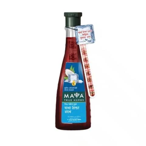 Front view of Maya True Herbs Cooling Coconut Hair Oil 200ml bottle, dark green with golden cap.