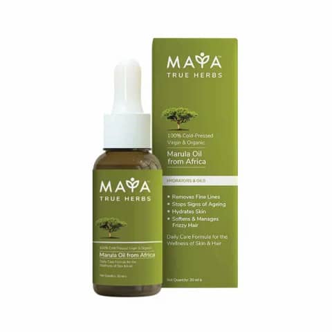 Maya True Herbs Organic Marula Oil 30ml amber glass dropper bottle, front label clearly visible.