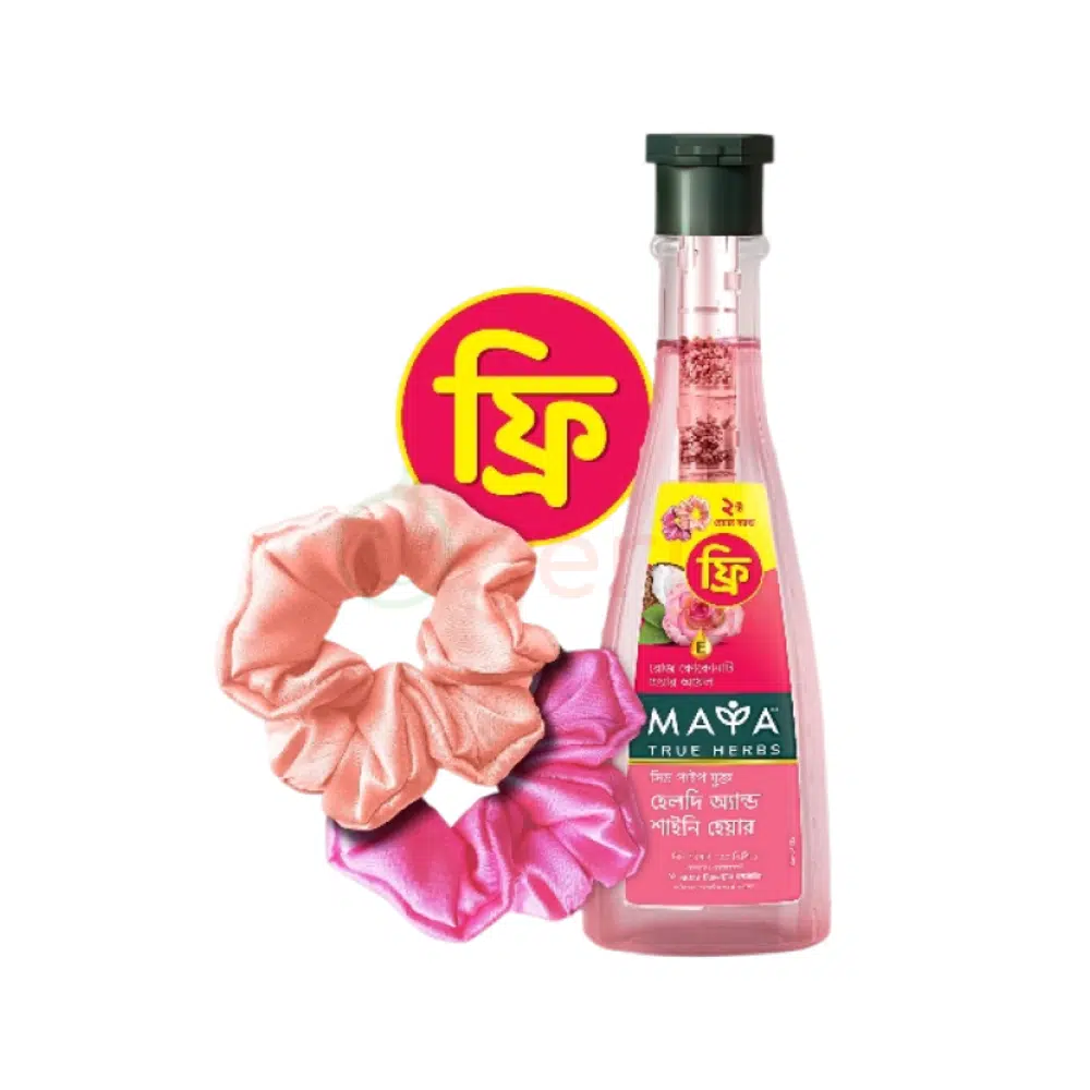 Front view of Maya True Herbs Rose Coconut Hair Oil 200ml in clear bottle, pink floral label. - thumbnail