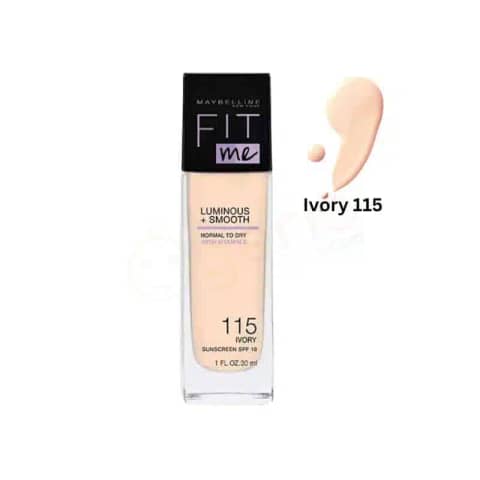Upright Maybelline Fit Me Luminous + Smooth illuminating foundation, 115 Ivory, 30ml, clear bottle, black cap.