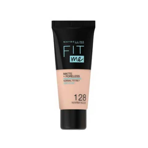 Front view of Maybelline Fit Me Matte + Poreless Foundation 128 Warm Nude clear glass bottle.