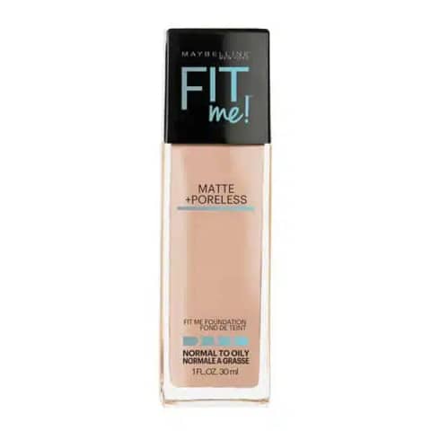 Full Maybelline Fit Me Matte + Poreless Foundation Buff Beige 130 bottle, clear glass and pump.