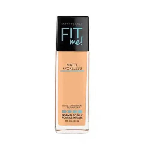 Maybelline Fit Me Matte + Poreless Foundation bottle, Natural Buff 230, showing black pump dispenser.