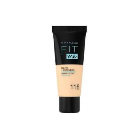 Maybelline Fit Me Matte Poreless Foundation Nude 118, clear bottle with black cap, front view.