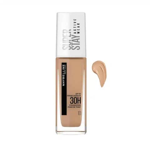 Maybelline Super Stay Foundation Ivory 10, clear glass bottle with white pump, standing upright.