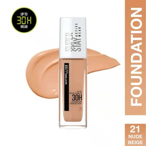 Maybelline Super Stay full coverage liquid foundation in Nude Beige 121, red pump bottle.