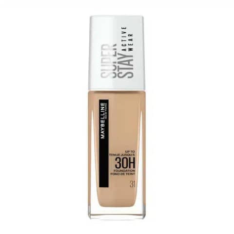 Maybelline Super Stay Warm Nude 31 foundation in clear glass bottle with white pump.