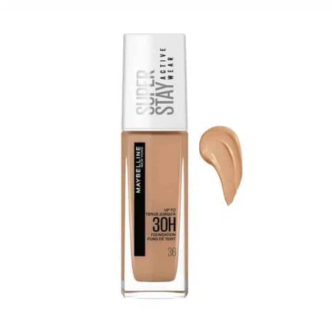 Maybelline Super Stay Foundation Warm Sun 36, a full coverage liquid in a clear pump bottle.