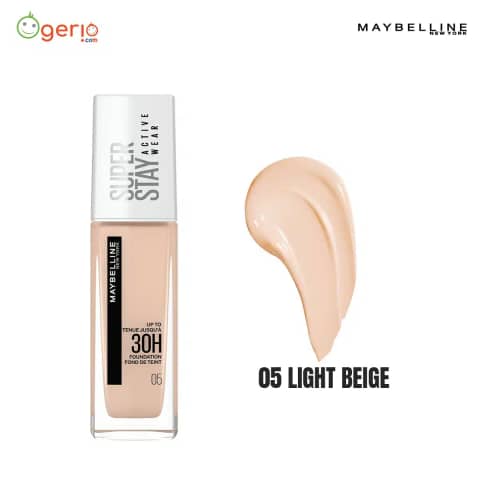 Maybelline Superstay Full Coverage Foundation 30ml in Light Beige 05, clear glass bottle with white pump.