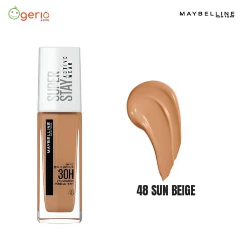 Maybelline Superstay Full Coverage Foundation Sun Beige 48 in a clear glass bottle with black pump.