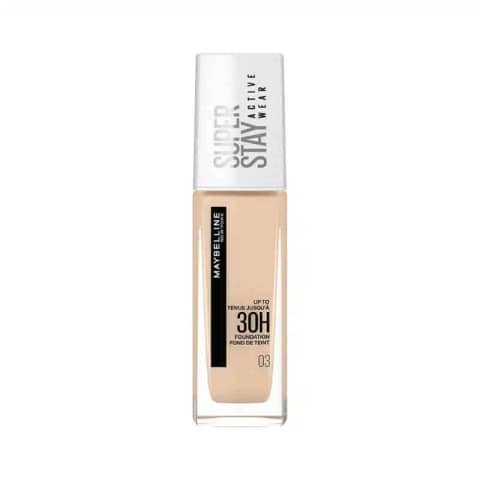 Maybelline Superstay Full Coverage Foundation 30ml glass bottle with white pump cap.