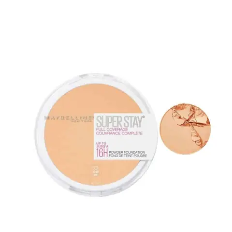 Maybelline Superstay Powder Foundation Golden compact, closed, highlighting the full coverage pressed powder.