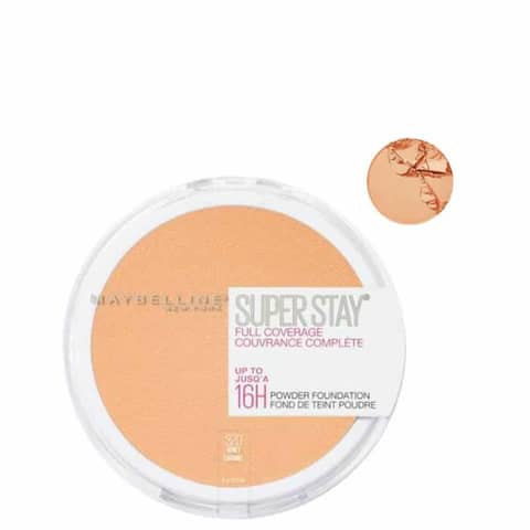 Maybelline Superstay Powder Foundation Honey compact, dark blue lid, clear base, closed view.