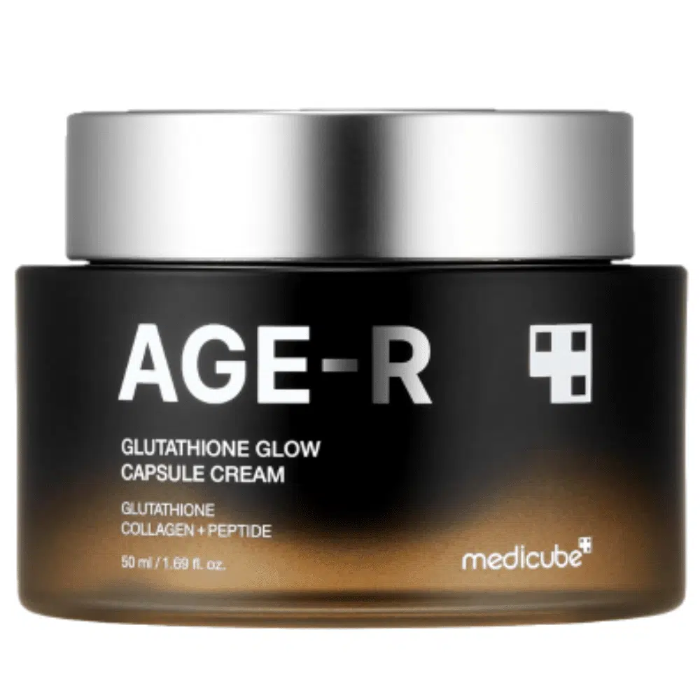 Medicube Age-R Glutathione Glow Capsule Cream 50ml in its white jar with a reflective silver lid.