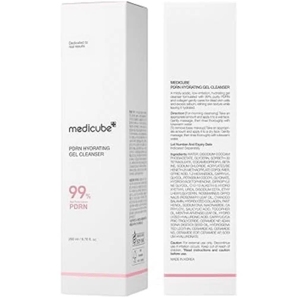 Medicube PDRN Hydrating Gel Cleanser 200ml pump bottle with transparent gel formula, standing upright.