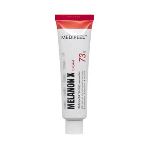 Medipeel Melanon X dark spot blemish care cream tube and white packaging box, front view.