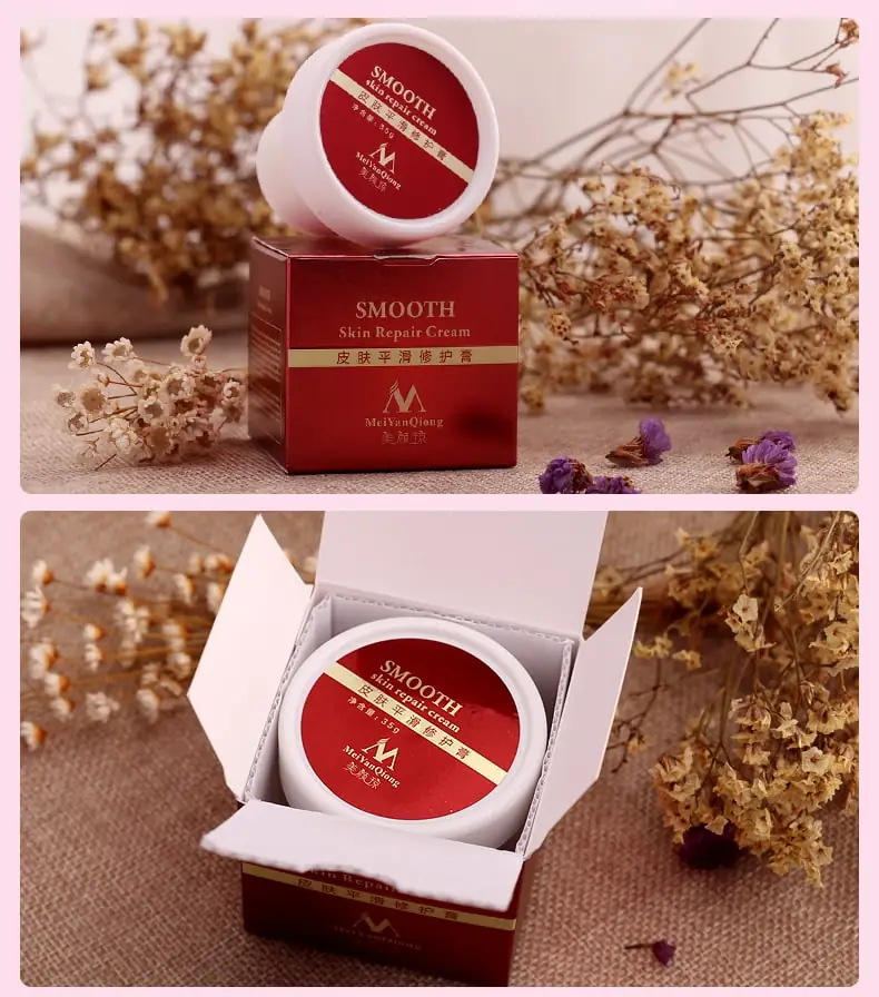 Several elegant Meiyanqiong SMOOTH Skin Repair Cream jars arranged artfully from an overhead view. - thumbnail