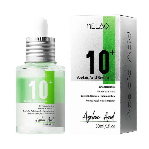 Front view of Melao 10% Azelaic Acid Serum 30ml in its distinct white and blue box.