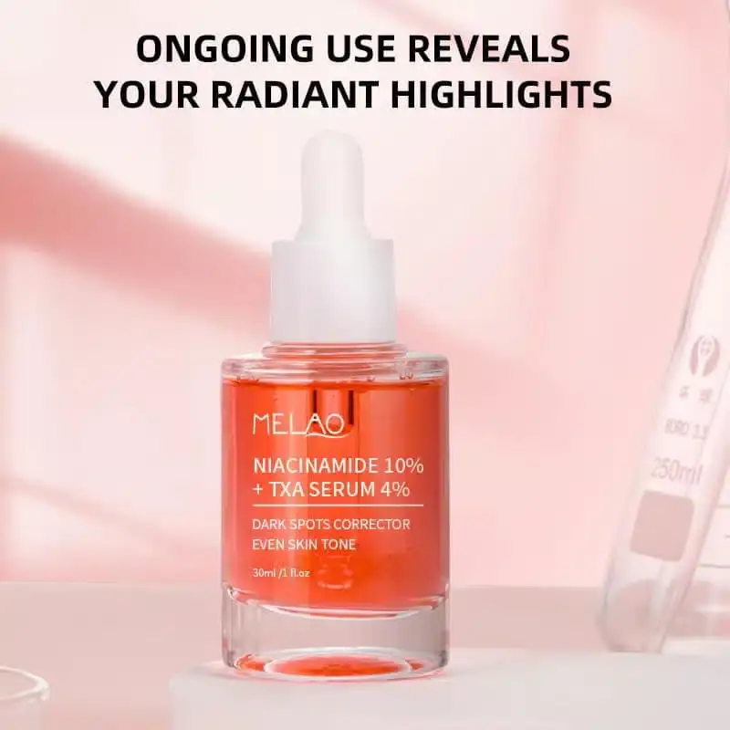 Melao 10% Niacinamide serum bottle with dropper next to its white and orange product box. - thumbnail