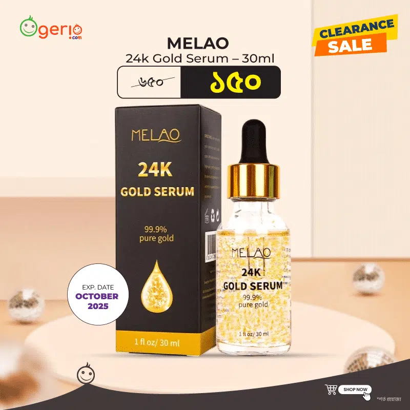 Front view of Melao 24k Gold Serum 30ml bottle, clear glass with shimmering gold flakes. - thumbnail