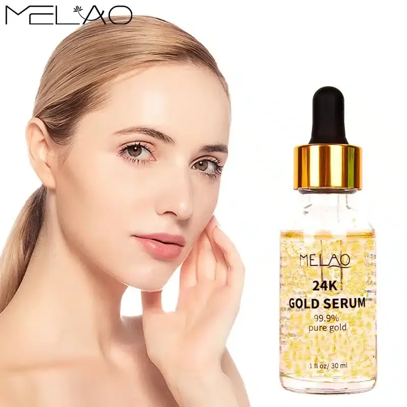 Melao 24k Gold Serum 30ml bottle with dropper displaying its rich, shimmering golden texture. - thumbnail