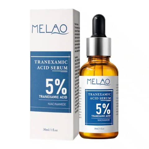 Melao 5% Tranexamic Acid with Niacinamide Serum 30ml in a clear glass bottle with dropper.