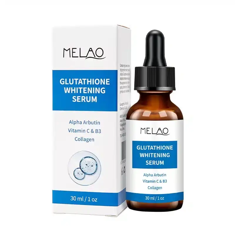 Melao Glutathione Whitening Serum 30ml amber glass dropper bottle with white label, front view. - thumbnail