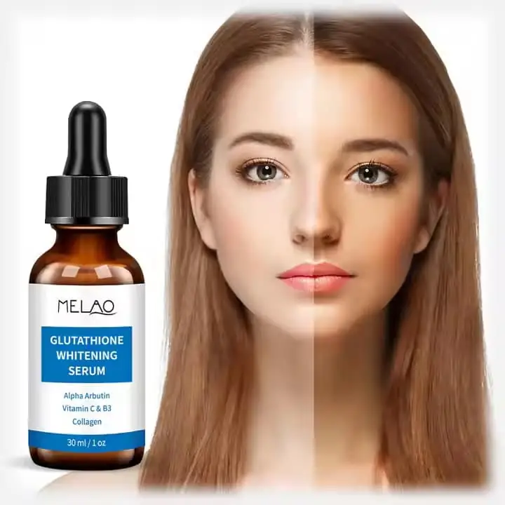 Close-up of Melao Glutathione Whitening Serum 30ml bottle label detailing product information. - thumbnail