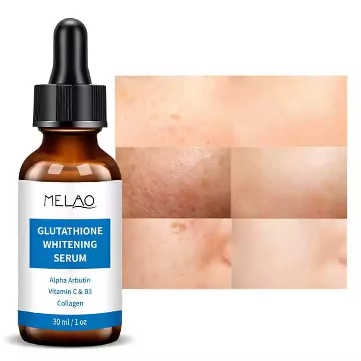 Melao Glutathione Whitening Serum bottle lying next to a dish with clear serum. - thumbnail
