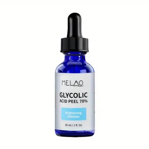 Melao 70% Glycolic Acid Peel in amber dropper bottle with white label and product box.