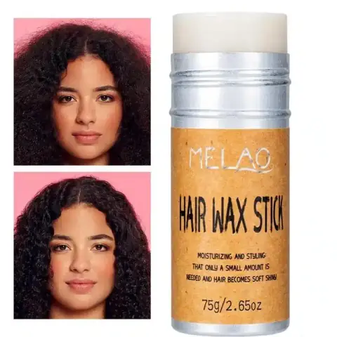 Melao Hair Wax Stick, 75g, white tube with vibrant orange cap, standing upright on a light surface.