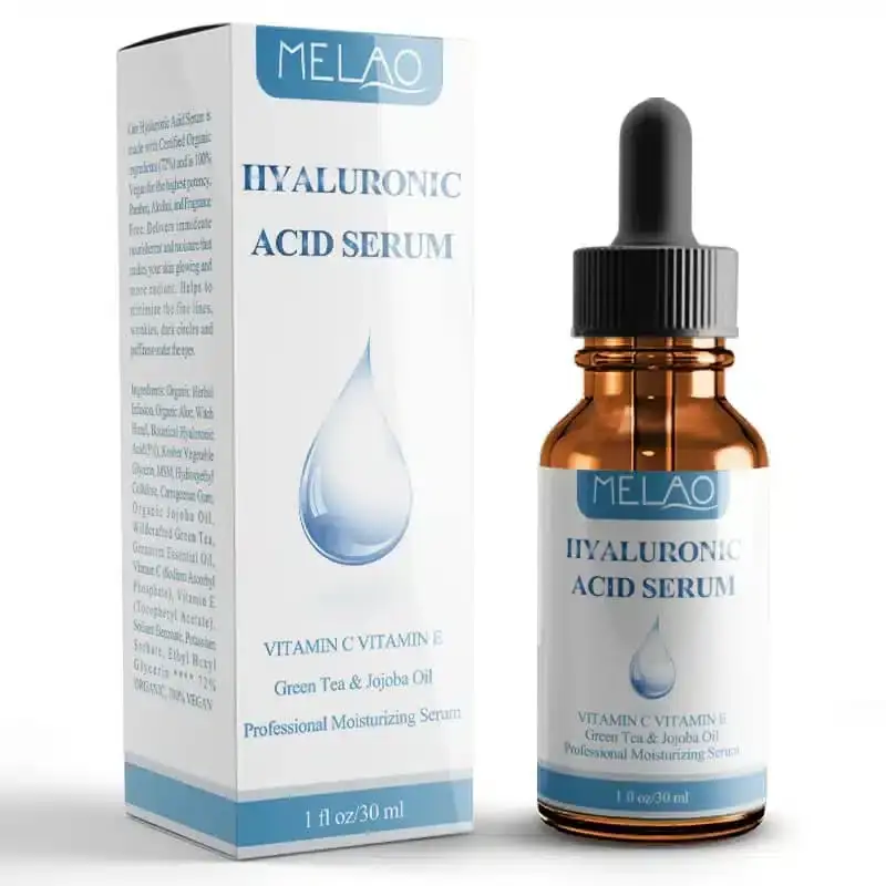 Melao 30ml Hyaluronic Acid Serum bottle, clear liquid visibly dripping from the dropper. - thumbnail