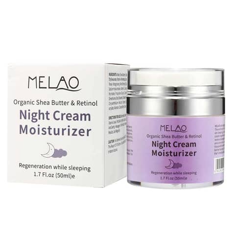 Melao Organic Shea Butter & Retinol Night Cream, 50ml white jar with silver lid, front view.