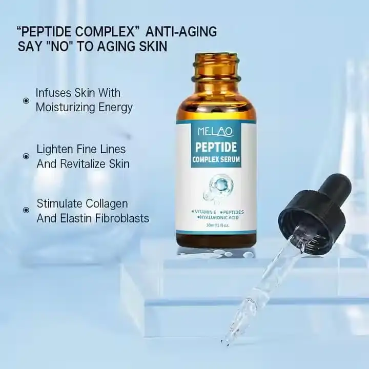 Melao Peptide Complex Serum 30ml clear glass bottle angled, showcasing the product label details. - thumbnail