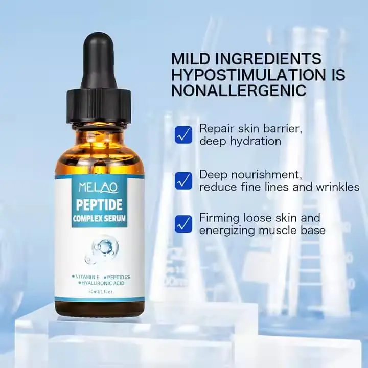 Open Melao Peptide Complex Serum 30ml bottle with the dropper dispensing a clear liquid droplet. - thumbnail