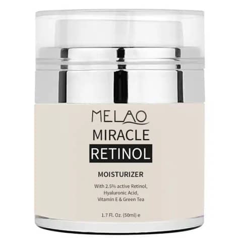Melao Retinol Night Cream 2.5% in a white jar with a silver lid, front view.