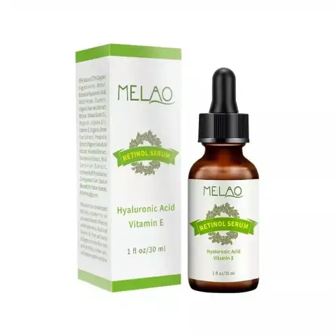 Melao Retinol Serum with Hyaluronic Acid, 30ml, in a clear amber glass dropper bottle.
