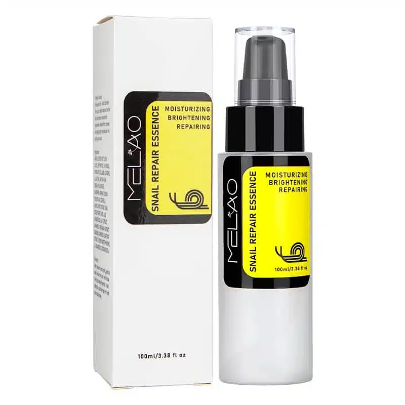 Melao Snail Repair Essence 100ml in a clear glass bottle with a white pump dispenser and transparent cap. - thumbnail
