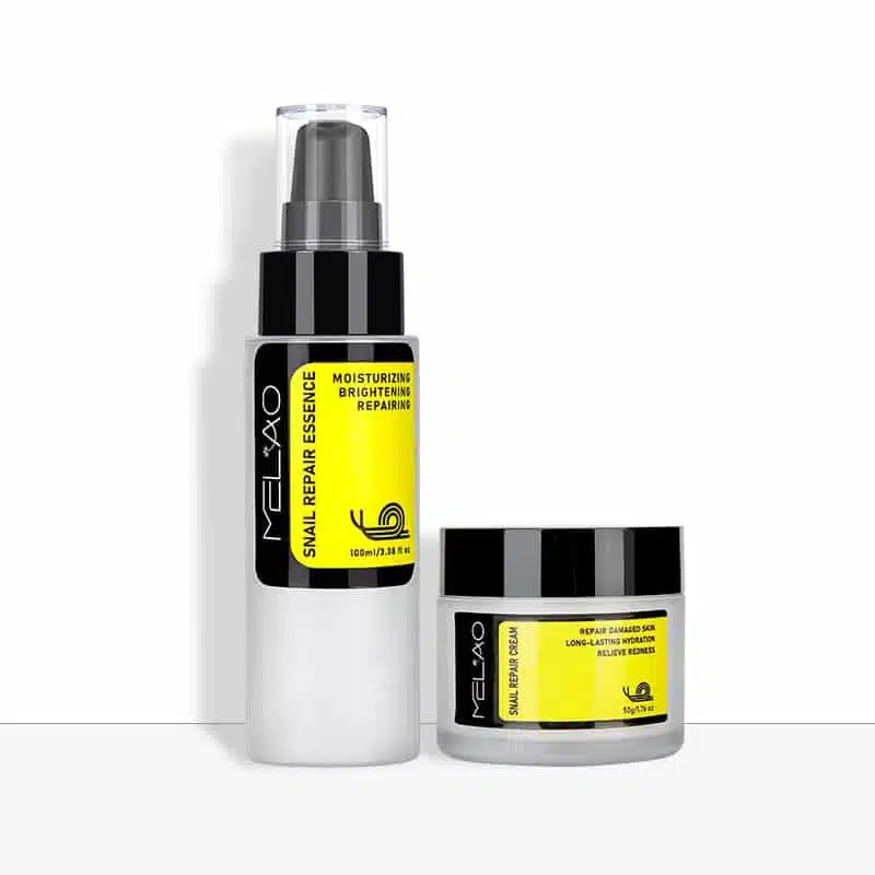 Melao Snail Repair Essence bottle and Cream jar, both with silver caps and white labels. - thumbnail
